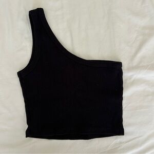 One Shoulder Black Ribbed Crop Top Size Medium